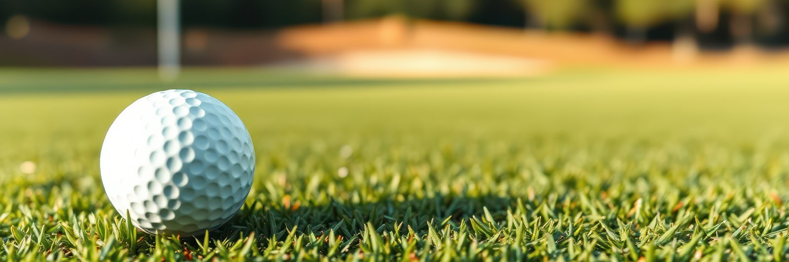 Golf ball on putting green with sunlight casting shadows in a serene outdoor environment